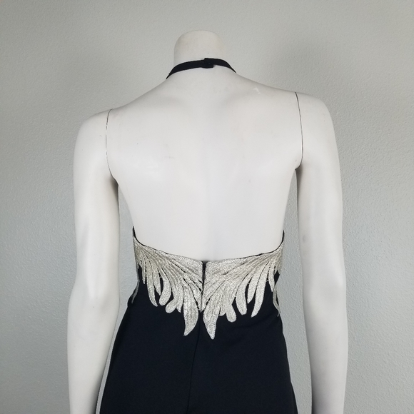 Carmen Marc Valvo Luxury Embroidered Wings Black Halter Maxi Gown Size 14 - Picture 7 of 12